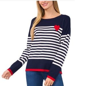 CECE Sailor Stripe Heart Graphic Crewneck Sweater Classic Navy Size Small